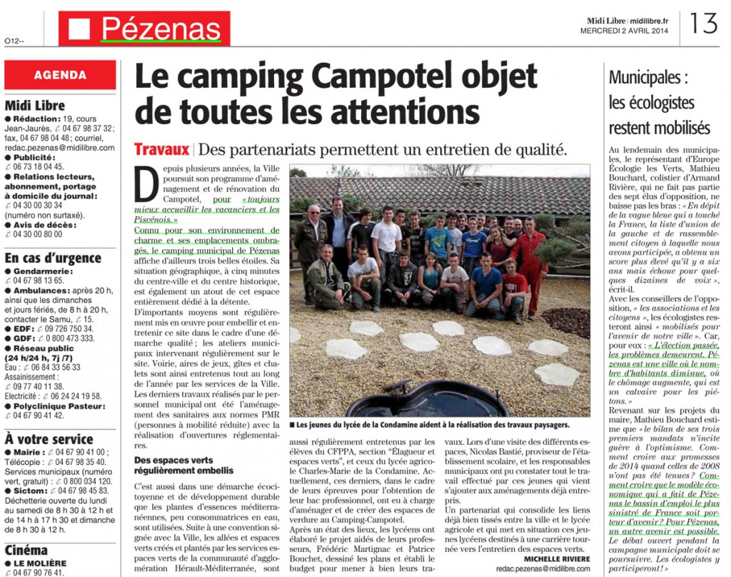 Le camping pézenas dans le midi libre du 02 Avril 2014